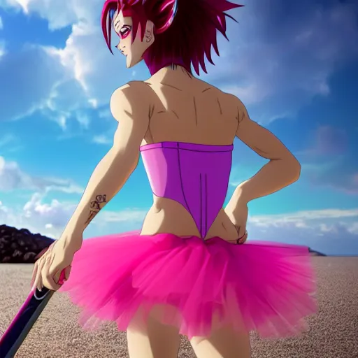 Image similar to hisoka wearing a pink tutu ballet dress with a shiny chrome sword in his hand while standing on a rainy beach with girls in colorfull bikini ‘ s in the back, anime style, 4 k, high detail, minimalistic,