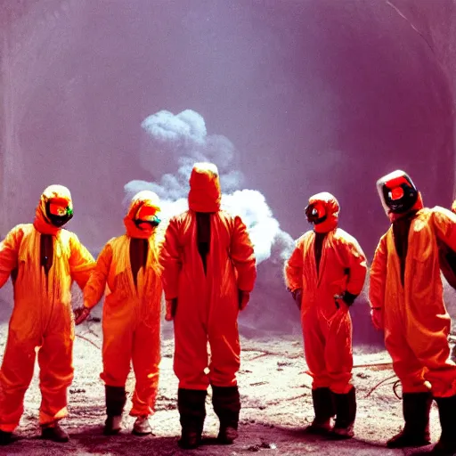 Prompt: wide - shot photo of a group of scientists in hazmat suits, studying a hell open rift portal, by shaun tan, codachrome, hellish, unsettling, otherworldly, smoke, machines, 8 k, hd, highly detailed,