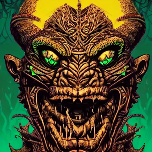 Image similar to barong family member with middle finger up, wiwek, rage, mara demon, one single tribe member, jungle, one single mask, dark, ancient warrior, gorilla, lizard, tribal, inner glow, art by dan mumford and justin gerard