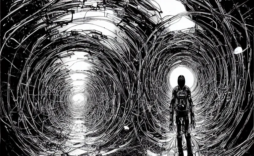 Image similar to light at the end of the tunnel by tsutomu nihei, inked, minute details, desolation, hyper realistic, cosmic horror, biomechanical, beautiful