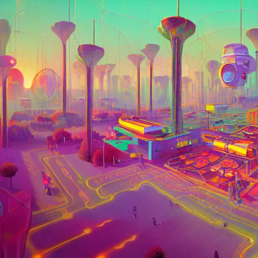 Image similar to a painting of a 1 9 6 0 s cyberpunk!! futuristic!! hippie commune with tents and fruit trees and flowers and led screens, a matte painting by magali villenueve and beeple, cgsociety, utopia art, sci - fi, bold colors, artstation hq