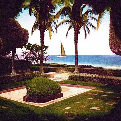 Image similar to “A photo of a beach and a french garden in 1993, tarot-like landscape it's lit by the camera flash. Surreal Greek architecture, mason, occult tarot symbols. Far away sail boat at the ocean”