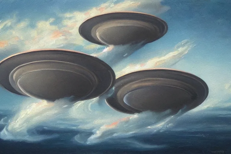 Prompt: two flying saucers battling over the ocean. high detailed oil painting. dramatic.