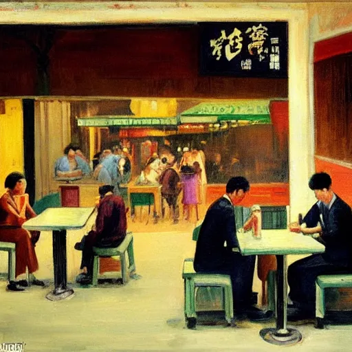 Prompt: Hopper painting of people in a cafe at night in Kowloon Walled City, Hong Kong