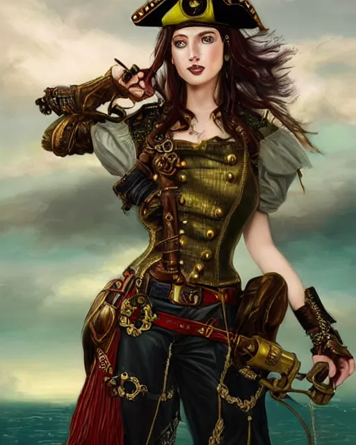 Image similar to a beautiful 2D illustration of a young female steampunk pirate wearing leather armor on gold and red trimmings on green, very cool pose, pirate ship with an epic sky background, slightly smiling, by Charlie Bowater Annie Leibovitz, zhuoxin ye, cinematic lighting and composition, fantasy painting, very detailed, ornate, trending on artstation and pinterest, deviantart, google images