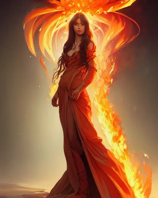 Image similar to beautiful long haired girl, fire dress, full body photo, flames everywhere, highly detailed, digital painting, artstation, concept art, smooth, sharp focus, illustration, art by artgerm and greg rutkowski and alphonse mucha