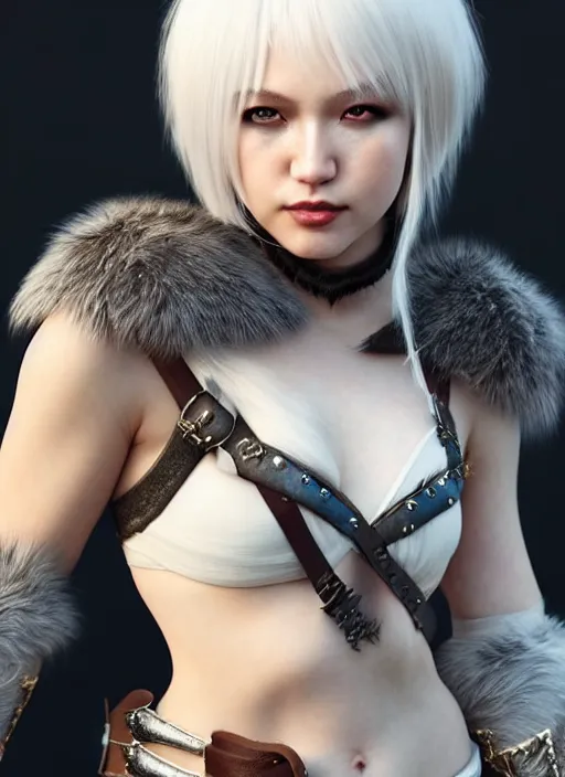 Image similar to barbarian, fur leather armor!!! beautiful and elegant white hair female!! gorgeous ayes!! character concept art, sharp focus, octane render! unreal engine 5! highly rendered!! trending on artstation!! detailed linework!! illustration by artgerm, wlop, and chie yoshii