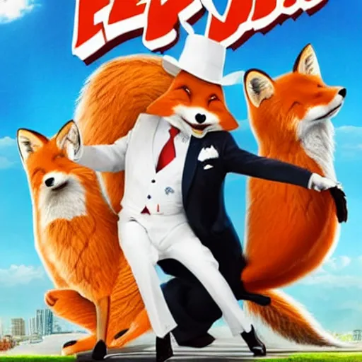 Image similar to comedy movie poster featuring an anthropomorphic fox wearing a white suit, fried chicken in the background, promotional media