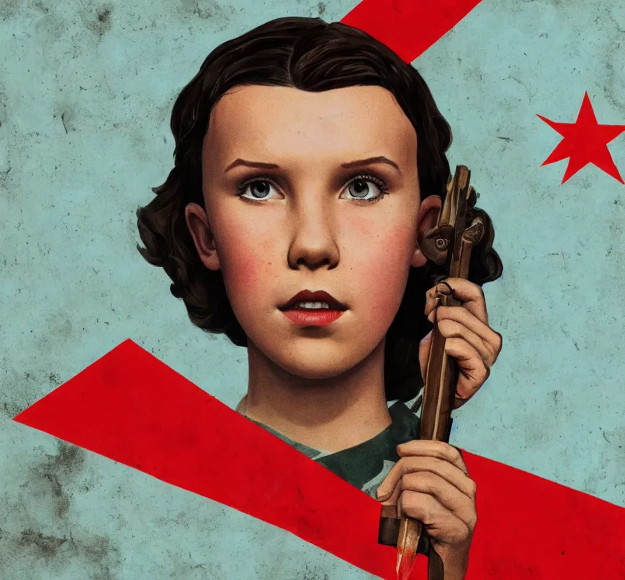 Prompt: millie bobby brown, urss flag, propaganda, poster, revolution, communist, high detail, year 1 9 4 4, russian letters, lenin, trending on artstation, illustration, film still, hammer and sickle