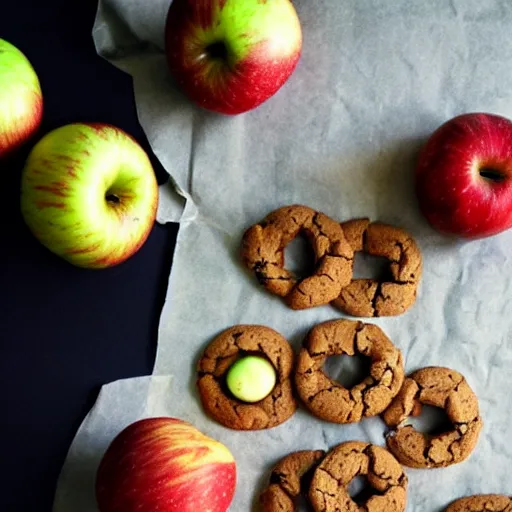 Image similar to cookies intertwined with apples, explosion, extreme intensity, fantastic landscape