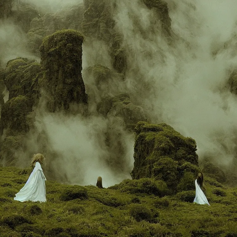 Image similar to dark and moody 1 9 7 0's artistic technicolor spaghetti western film, a large huge group of women in a giant billowing wide long flowing waving shining bright white dresses made of white smoke, standing inside a green mossy irish rocky scenic landscape, volumetric lighting, backlit, moody, atmospheric, fog, extremely windy, soft focus