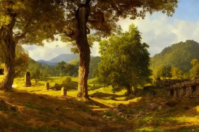 Prompt: temple ruins on a field with hills and trees in the distance, very detailed, focused, oil painting, colorful, canvas, artstation, Antoine Pierre Mongin