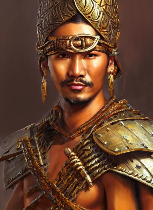 Image similar to smart tai warlord, closeup portrait, historical, ethnic group, traditional tai costume, sukhothai costume, bronze headset, fantasy, intricate, with leather armor cross onbare chest, elegant, loin cloth, highly detailed, oil painting, artstation, concept art, matte, sharp focus, illustration, hearthstone, art by earl norem