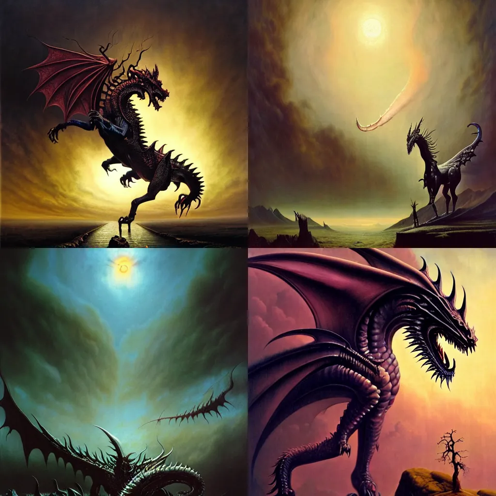 Prompt: A gothic dragon horse, by George Stubbs, by Wayne Barlowe, by HR Giger, by Bruce Pennington, by Paul Lehr, masterpiece, oil on canvas, trending on artstation, top on pixiv, cinematic composition, dramatic scene, beautiful lighting, sharp, high details, astrophotography, no frames, 8K