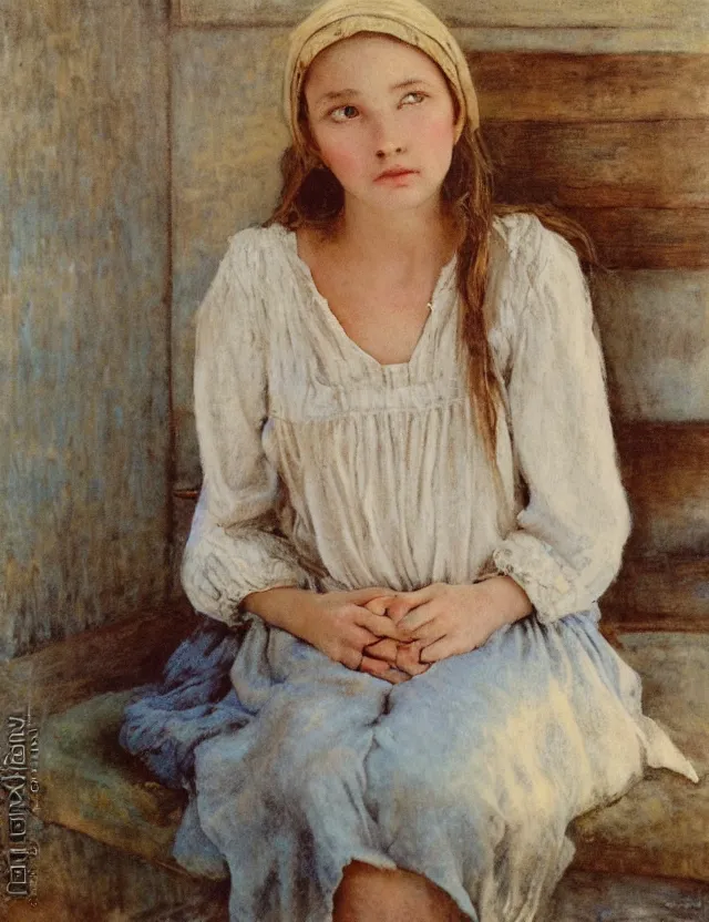 Image similar to peasant girl in a morning in country house, cottage core, cinematic focus, polaroid photo bleached vintage pastel colors high - key lighting, soft lights, foggy, by steve hanks, by lisa yuskavage, by serov valentin, by tarkovsky, detailed, oil on canvas