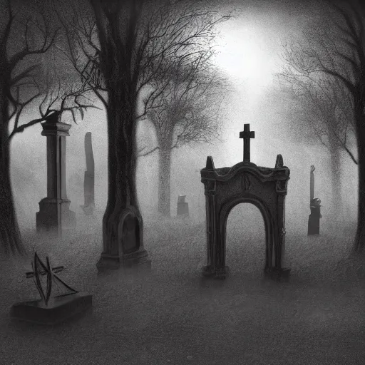 Prompt: an endless eerie graveyard with ancient ornate tombstones, misty, strands of fog, catacomb in background, frame is flanked by dark trees, creepy, night, finely detailed photorealistic black and white pencil drawing