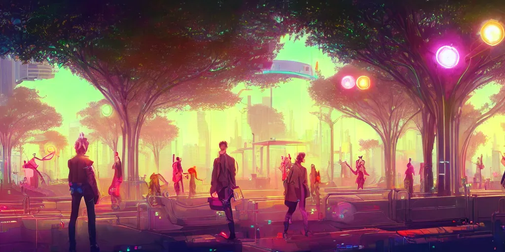 Prompt: 1 9 2 1 hovering illuminating cyberpunk park with vibrant trees in a cyberpunk metropolis optimistic colorful sunny clear day parks trees flowers [ fruity street lamps ] clear focus [ [ cyberpunk skyscrapers ] ] [ art deco motifs ] colorful lighting fantasy scifi by ross tran greg rutkowski elegant retro futuristic artstation