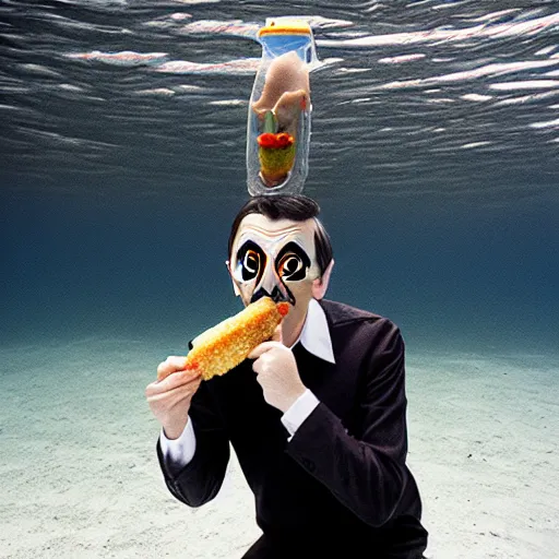 Image similar to An Alec Soth portrait photo of Mr. Bean eating a corndog while underwater