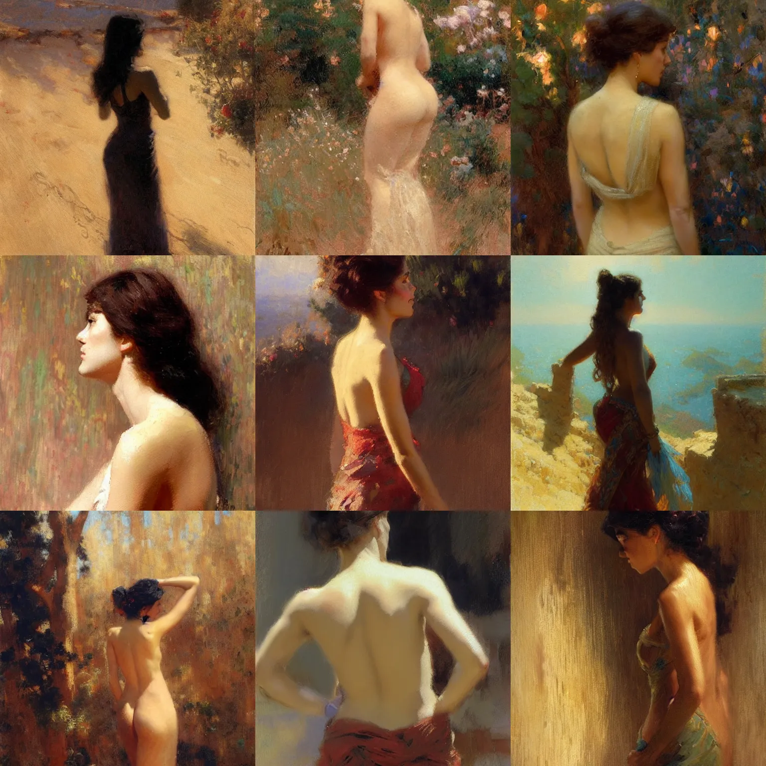 Prompt: a woman looking over her shoulder, back shot, enchanting and secretive, Mediterranean ethnicity, painting by Gaston Bussiere, Craig Mullins