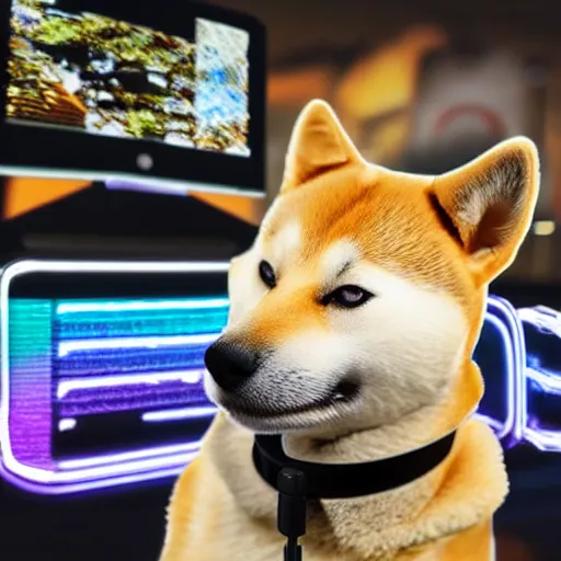 Prompt: shiba inu wearing a gaming headset, playing on computer with screen glowing on face, digital art