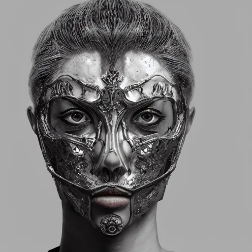 Image similar to Very very very very highly detailed epic central composition studio photography of face with venetian mask, intricate, dystopian, sci-fi, extremely detailed, digital painting, artstation, concept art, smooth, sharp focus, illustration, intimidating lighting, incredible art by Tokujin Yoshioka and Anton Pieck