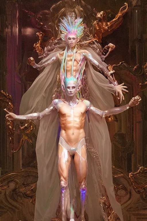 Image similar to full-body rococo and cyberpunk delicate neon crystalline sculpture of ((muscular slender albino prince Nick Jonas con la piroca dura)) as an iridescent humanoid deity wearing a thin see-through ((plastic hooded cloak)) sim roupa (holding a human skull), reclining con (((las piernas abiertas))), glowing pink face, crown of (((white lasers))), large diamonds, swirling black silk fabric. futuristic elements. oozing glowing liquid, full-length view. space robots. intricate artwork by caravaggio. Trending on artstation, octane render, cinematic lighting from the right, hyper realism, octane render, 8k, depth of field, 3D