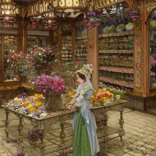 Prompt: a beautifull intricate watercolour painting of a victorian confectionery room with many flowers and, reflexions, verry high details by william turner art, greg rutkowski and alphonse mucha, trending on artstation, very very detailed, masterpiece,