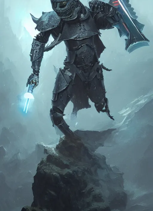 Image similar to portrait of a humanoid shark in knight armor holding a lightsaber, fantasy, d & d, heartstone, digital painting, volumetric light, intricate, sharp, focus, bloom, illustration, highly detailed, concept art, matte, ruan jia, randy vargas, greg rutkowski