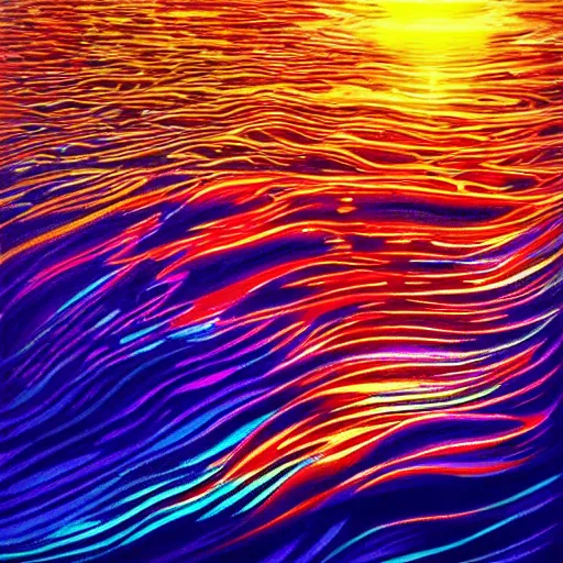 Prompt: sublimely psychedelic ocean wave, vivid water, ripples, backlit, sunset, refracted lighting, outdoors, elegant, highly detailed, lifelike, photorealistic, digital painting, artstation, illustration, smooth, sharp focus, psychedelic ocean art
