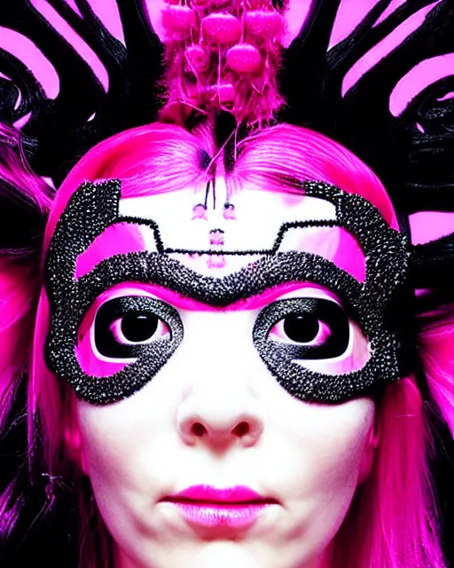 Image similar to symmetrical portrait of a woman face with pink frizzy hair, wearing a embroidered black mask by alexander mcqueen, bjork aesthetic, masterpiece, cyberpunk