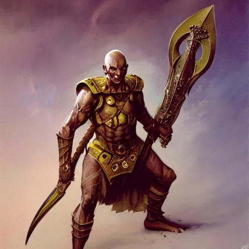 Prompt: ( ( ( quarter length portrait of a gaunt noseless yellow - skinned bald githyanki warrior in a breastplate, wielding a magical silver greatsword ) ) ), greg rutkowski, frank frazetta, alexandre chaudret, boris vallejo, michael whelan, miro petrov, magali villeneuve, donato giancola, d & d