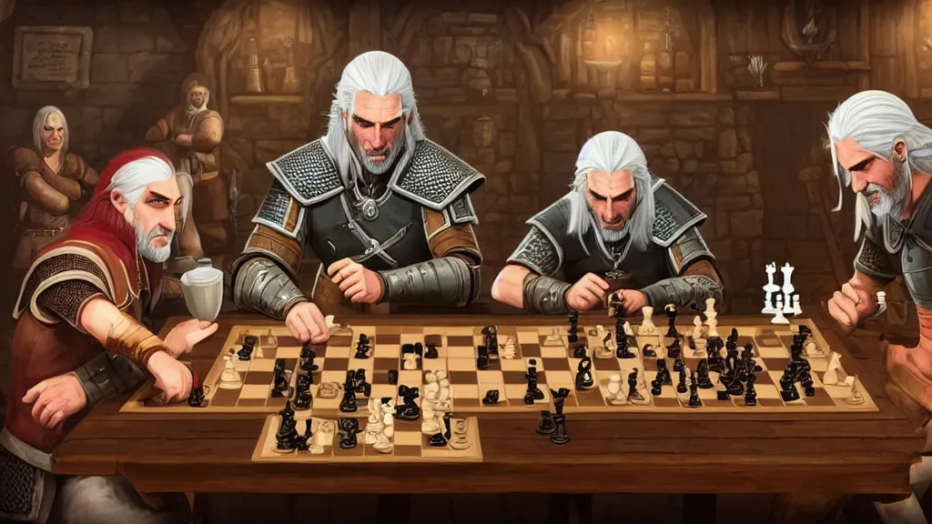 Image similar to Geralt of Rivia and Ciri playing chess in a tavern. geralt de rivia and ciri play at a table in the middle of the tavern, pixel art by Gerardo Quiroz, devian art, 4k