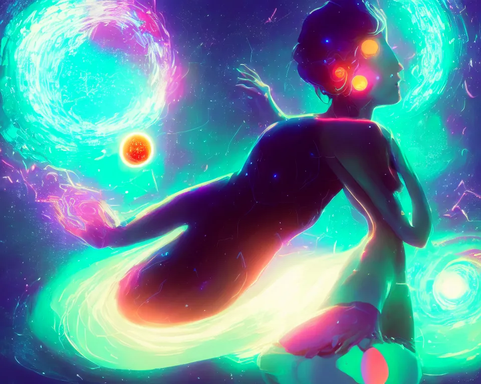 Prompt: a beautiful whimsical woman standing under a multi-colored binary blackhole with an accretion disc, casting magic, glowing trails following her arms, acidwave, by Lois van Baarle, by Greg Rutkowski, by artgerm, by beeple, by studio ghibli, cinematic angle, volumetric lighting, 4k resolution, octane render, trending on artstation, masterpiece