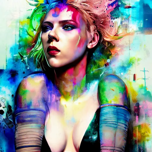 Image similar to scarlett johansson as delirium from sandman, ( hallucinating colorful soap bubbles ), by jeremy mann, by sandra chevrier, by dave mckean and richard avedon and maciej kuciara, punk rock, tank girl, high detailed, 8 k