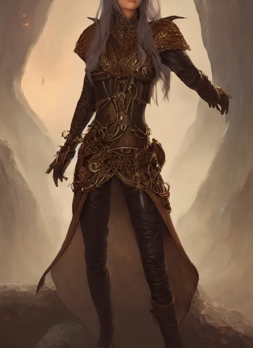 Image similar to full body concept, very fine art oil painting of a d & d style elven female thief with a very beautiful face and centered eyes wearing intricate clothing, ultra detailed, octane render, 4 k, dystopian, micro details