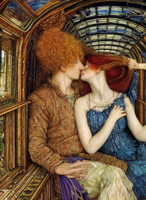 Image similar to detailed colourful masterpiece of intricate preraphaelite art novueau photography couple portrait sat down extreme closeup, love, inside an underwater train, detailed realistic expressions, wearing unusual clothes, by ford madox brown, ultra wide angle