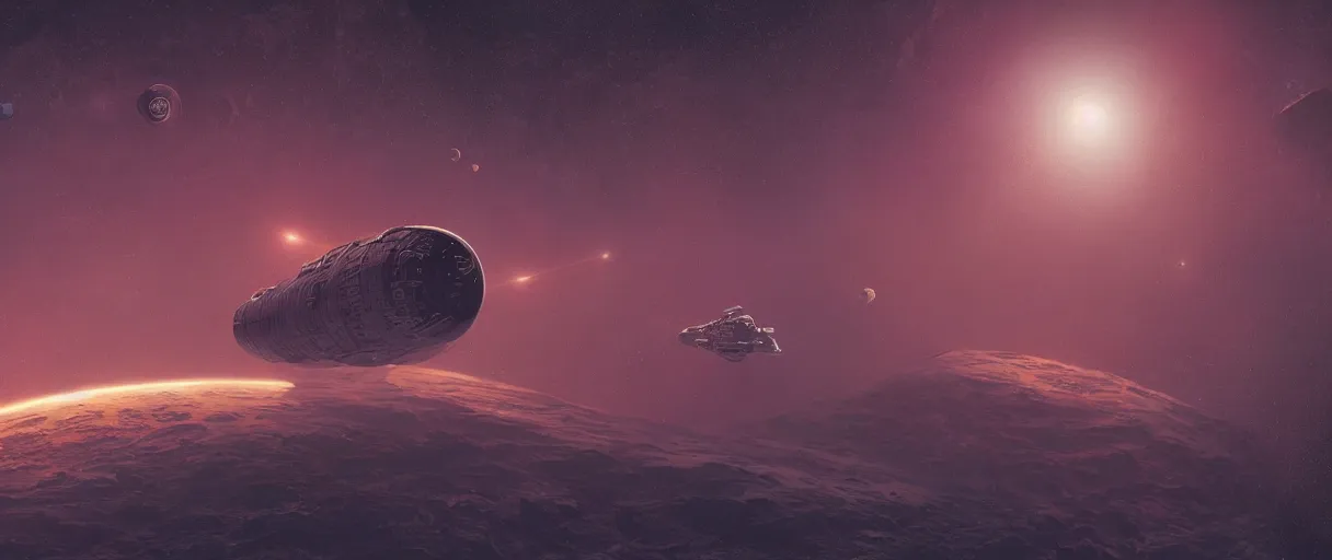 Image similar to illustration, a single small spaceship, deep space exploration, alone, the expanse tv series,industrial design, painted hull, hyperdetailed, the immensity of space, cinematic lighting, 4k, greebles, widescreen,  wide angle, sharp and blocky shapes, hubble photography, the final frontier, beksinski, neon lights