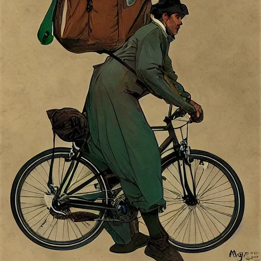 Image similar to a uber eats delivery guy with a green bag on his back, peddling his bicycle, 30mm, by alphonse mucha, artgerm, H R Giger, trending on ArtStation, deviantart, high detail, stylized portrait