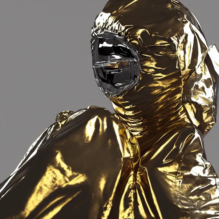 Image similar to octane render portrait by wayne barlow and carlo crivelli and glenn fabry, subject is a woman covered in folded aluminum foil space suit with a colorful metallic space helmet, floating inside a futuristic black and gold space station, cinema 4 d, ray traced lighting, very short depth of field, bokeh