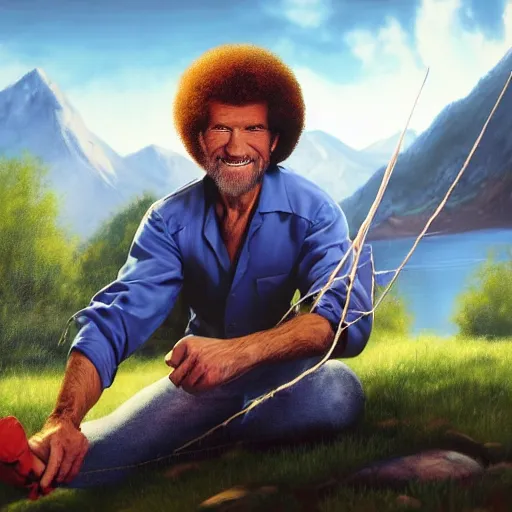 Image similar to a closeup photorealistic photograph of bob ross working on a canvas painting of spiderman. film still. brightly lit scene. mountains and trees. this 4 k hd image is trending on artstation, featured on behance, well - rendered, extra crisp, features intricate detail, epic composition and the style of unreal engine.