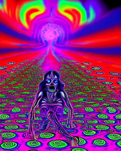 Image similar to psychedelic trip the future and i saw death coming to get me, death, trippy, lots of eyes, 8k, ultra realistic