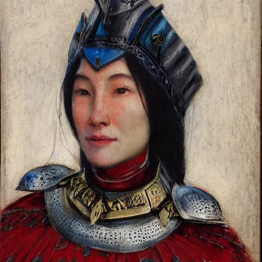 Prompt: head and shoulders portrait of a female knight, kazakh, cuirass, tonalist, symbolist, realism, chiaroscuro, baroque, indigo and venetian red, grisaille, detailed, raven, modeled lighting, vignetting, angular, smiling