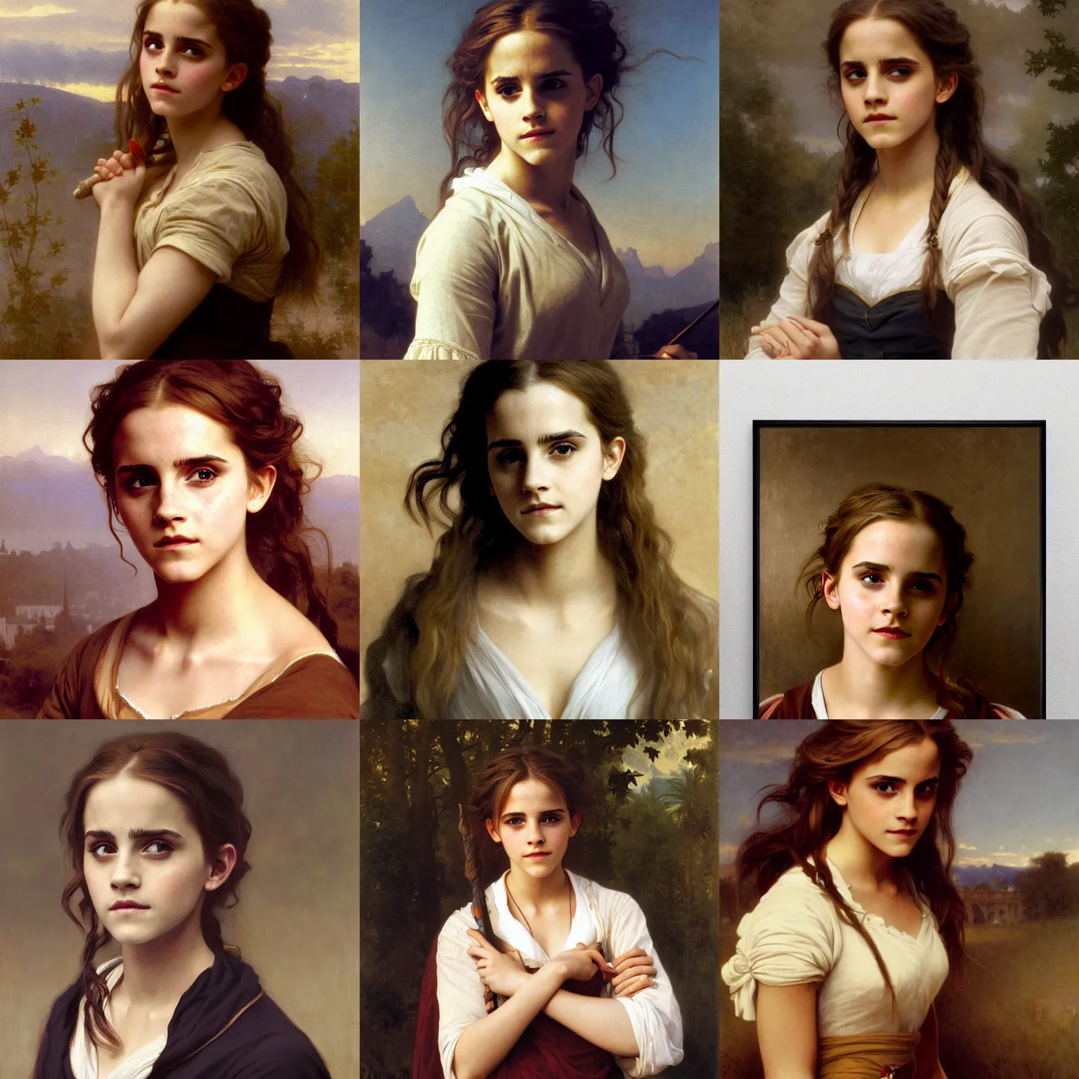 Prompt: Painting of Emma Watson as Hermione Granger, surprised expression on her face, her hand is on her waist. Art by william adolphe bouguereau. During golden hour. Extremely detailed. Beautiful. 4K. Award winning.