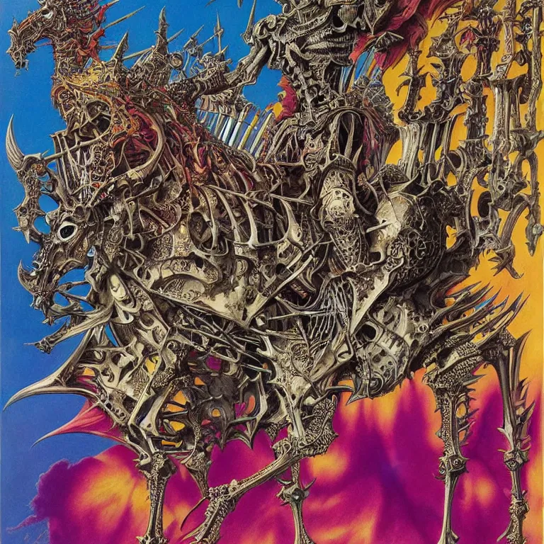 Prompt: vibrant painting by Lisa Frank of a spiked horse skeleton with armored joints stands in a large cavernous throne room with halberd in hand, Massive shoulderplates. Extremely high detail, realistic, fantasy art, solo, masterpiece, bones, ripped flesh, by Zdzisław Beksiński, Arthur Rackham, Dariusz Zawadzki, Harry Clarke