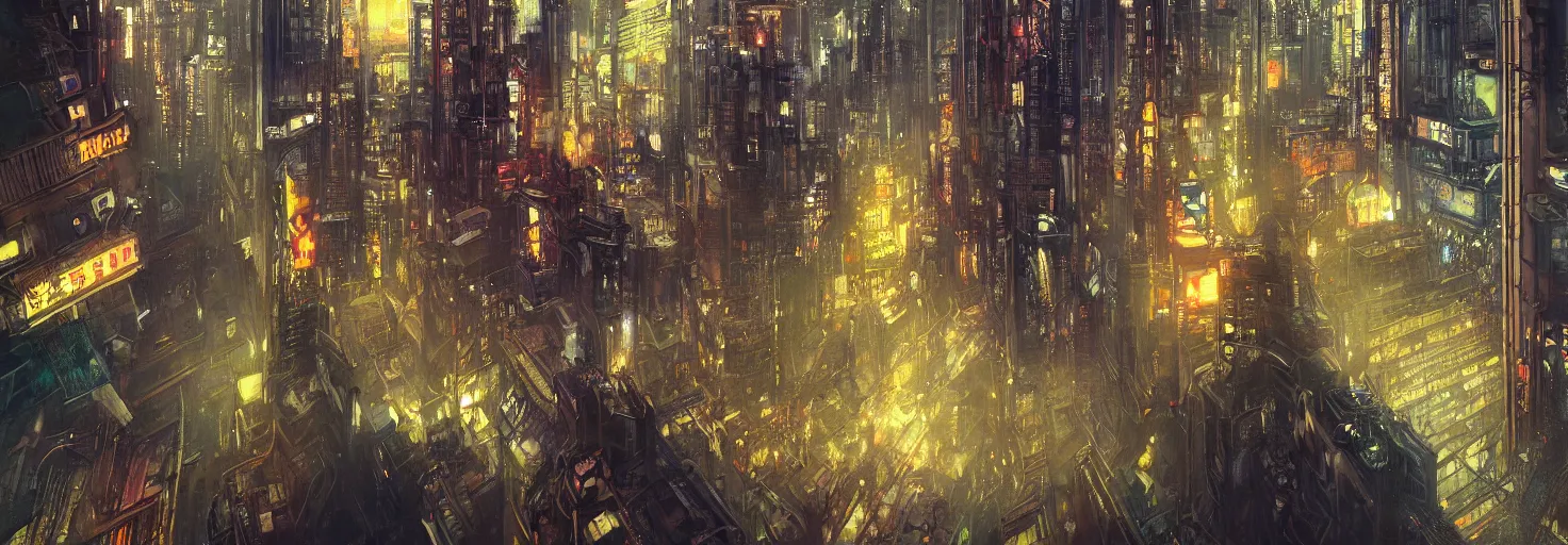 Prompt: Panorama hyper detailed painting of a polluted cyberpunk cityscape with art nouveau styled architecture and blade runner aesthetics at night, 8 mm, highly detailed, digital mixed media style painting, artstation, concept art, smooth, sharp focus, illustration, hyperrealism, photorealism, art by bill sienkiewicz, greg rutkowski and alphonse mucha