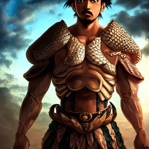 Image similar to anime of young hispanic man with facial hair, brown eyes, full body, reptile armor by akira toriyama hyper realistic, dark fantasy detailed, high definition insanely detailed, bitter wide angle lens dark lighting, moody lighting