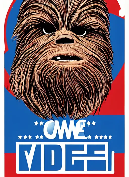 Image similar to chewbacca presidential election poster showing close up of chewbacca face red and blue duotone by sheperd fairey no text