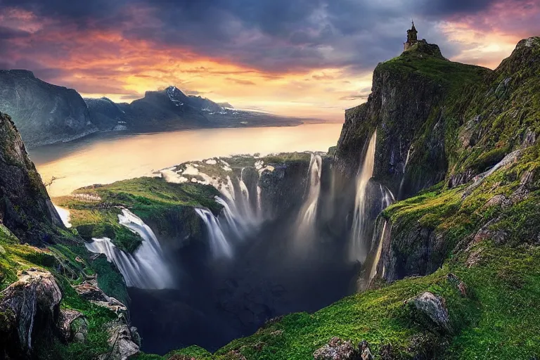 Image similar to Gediminas Pranckevicius amazing landscape photo of mountains of Norway with lake and castle on top of a waterfall with infinite view at sunset by marc adamus beautiful dramatic lighting ,