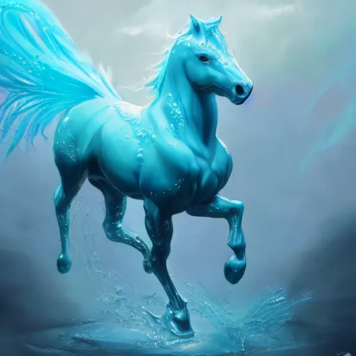 Image similar to a fantastical transparent small turquoise spirit horse made of water and foam, splashing water, translucent, ethereal, noble, radiant, hyperalism, scottish folklore, digital painting, artstation, concept art, smooth, 8 k frostbite 3 engine, ultra detailed, art by artgerm and greg rutkowski and magali villeneuve