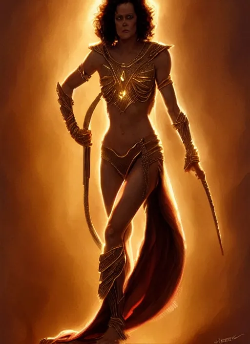 Image similar to young sigourney weaver in dejah thoris outfit, intricate, elegant, glowing lights, highly detailed, digital painting, artstation, glamor pose, concept art, smooth, sharp focus, illustration, art by artgerm and greg rutkowski, artey freytag